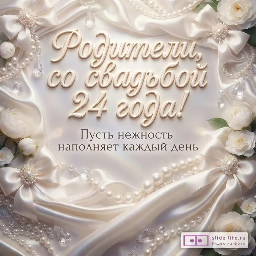 Драпировка из белого атласа с жемчугом, бантами, белыми цветами и надписью «Родители, со свадьбой 24 года! Пусть нежность наполняет каждый день».