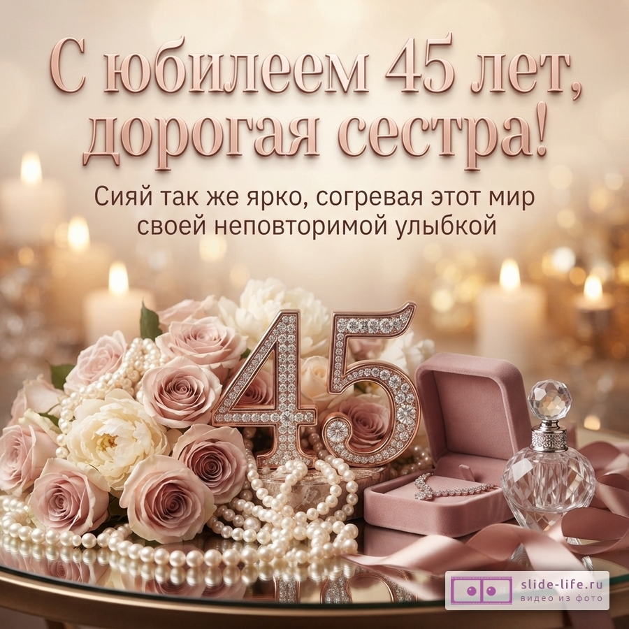 Открытка с юбилеем 45 лет сестре на бежевом фоне. Сверху надпись «С юбилеем 45 лет, дорогая сестра! Сияй так же ярко, согревая этот мир своей неповторимой улыбкой». Внизу композиция из розовых роз, жемчужных бус, цифр «45» с камнями, открытой коробочки с колье и флакона духов.