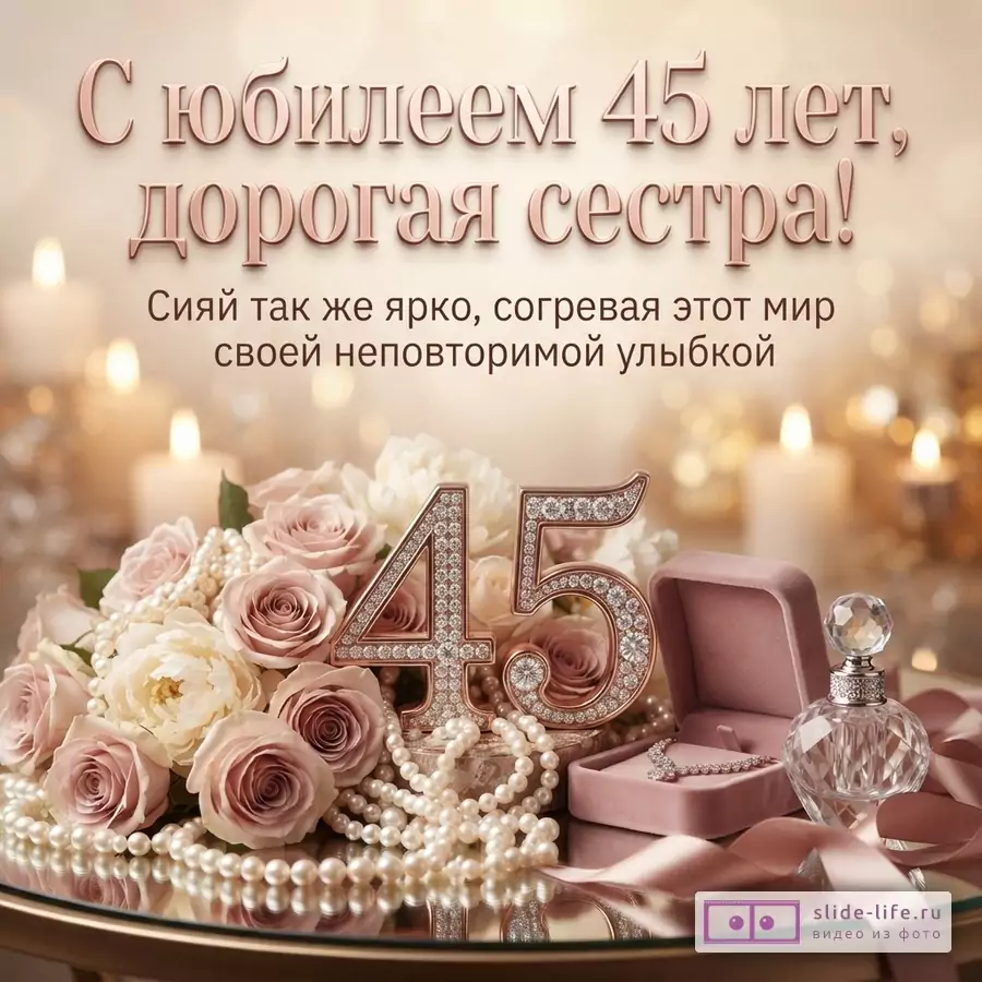 Открытка с юбилеем 45 лет сестре на бежевом фоне. Сверху надпись «С юбилеем 45 лет, дорогая сестра! Сияй так же ярко, согревая этот мир своей неповторимой улыбкой». Внизу композиция из розовых роз, жемчужных бус, цифр «45» с камнями, открытой коробочки с колье и флакона духов.