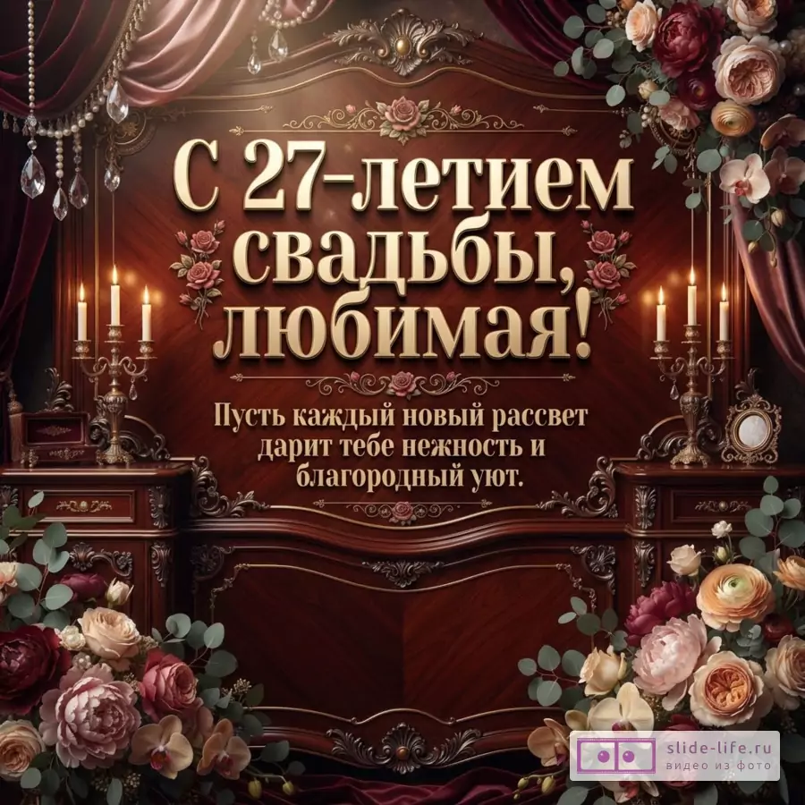 Открытка с красным деревянным фоном, золотыми узорами, шторами, свечами и цветами. Текст: «С 27-летием свадьбы, любимая! Пусть каждый новый рассвет дарит тебе нежность и благородный уют.»