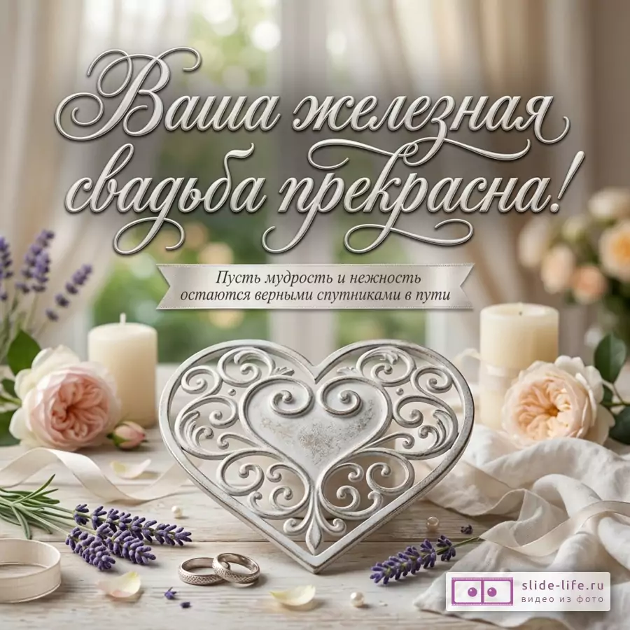 Открытка с бежево-кремовым размытым фоном, цветами, свечами, лавандой, обручальными кольцами и ажурным сердцем, текст «Ваша железная свадьба прекрасна! Пусть мудрость и нежность остаются верными спутниками в пути»
