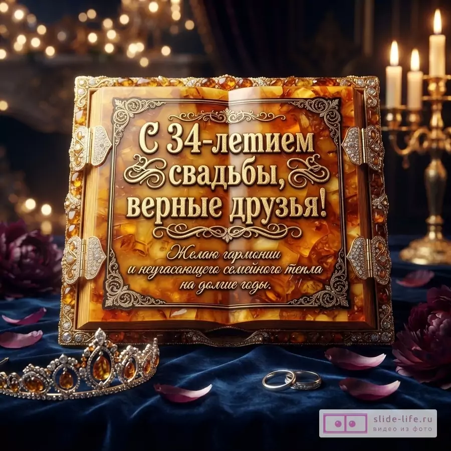 Открытка в виде янтарной книги с золотым орнаментом на синей бархатной скатерти. Слева корона, справа кольца и подсвечник со свечами. Текст: «С 34-летием свадьбы, верные друзья! Желаю гармонии и неугасающего семейного тепла на долгие годы.»