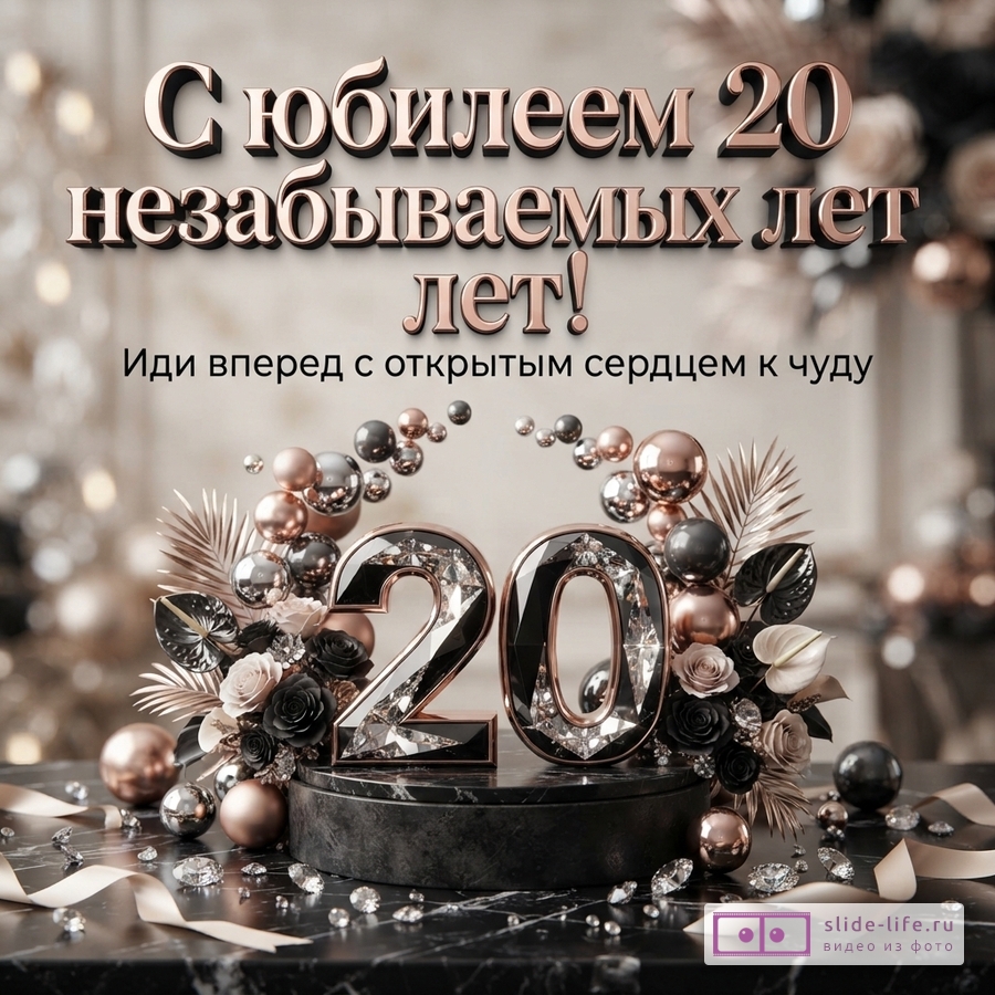 Фон размытый, бежево-коричневый. В центре композиция из цифр «20» с бриллиантами, вокруг шары, цветы и листья в черно-золотых тонах. Сверху текст «С юбилеем 20 незабываемых лет лет! Иди вперед с открытым сердцем к чуду».