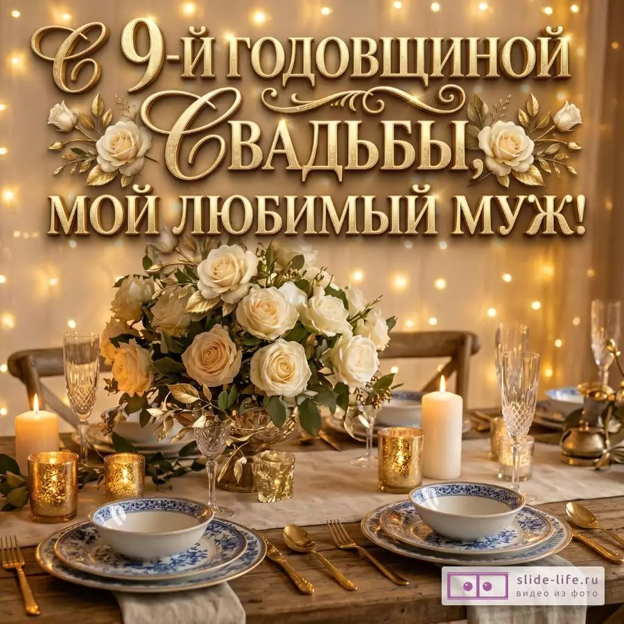 С Фаянсовой Свадьбой, Любимый Муж — романтическая открытка от жены на 9 годовщину свадьбы