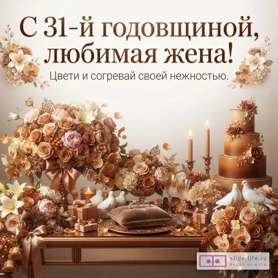 Бежево-коричневая открытка с цветочными композициями, свечами, тортом, бокалами и белыми голубями. Текст «С 31-й годовщиной, любимая жена! Цвети и согревай своей нежностью.»