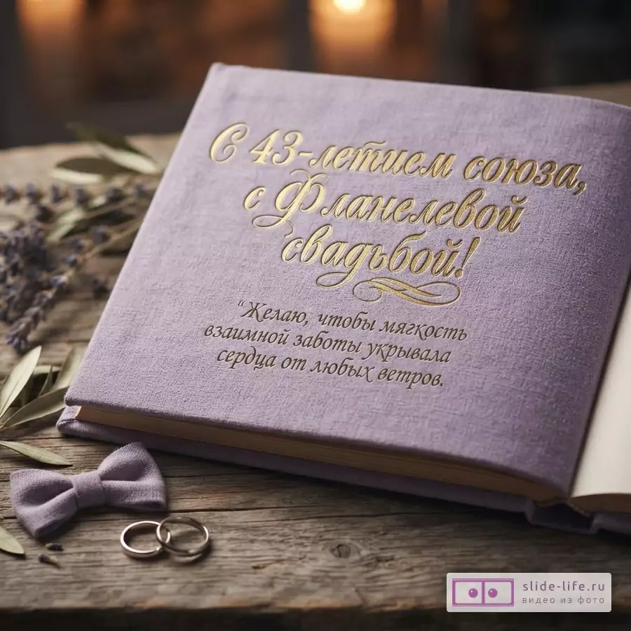 Фиолетовая книга с золотой надписью на деревянном фоне. Надпись «С 43-летием союза, с Фланелевой свадьбой! Желаю, чтобы мягкость взаимной заботы укрывала сердца от любых ветров.»