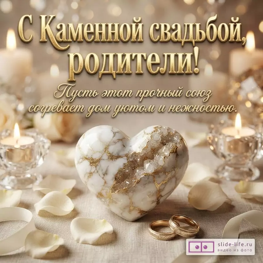 Бежевый фон с боке, мраморное сердце с золотыми прожилками, свечи, лепестки, обручальные кольца. Текст: «С Каменной свадьбой, Пусть этот прочный союз согревает дом уютом и нежностью.»