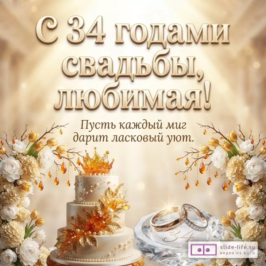 Золотистый фон с лучами света. В центре надпись «С 34 годами свадьбы, любимая! Пусть каждый миг дарит ласковый уют.». Снизу слева многоярусный торт с золотыми украшениями и короной. Снизу справа два обручальных кольца на прозрачной подставке с цифрой 34. По бокам цветочные композиции с золотыми элементами.