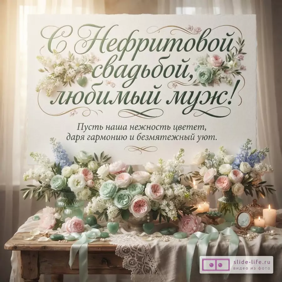 Планшет с надписью «С Нефритовой свадьбой, любимый муж! Пусть наша нежность цветет, даря гармонию и безмятежный уют.», букеты роз, свечи и нефритовые камни на столе.