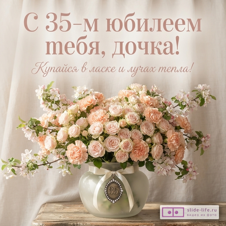 Пышный букет кремовых и розовых роз в вазе с медальоном 35 на бежевом фоне с текстом «С 35-м юбилеем тебя, дочка! Купайся в ласке и лучах тепла!»