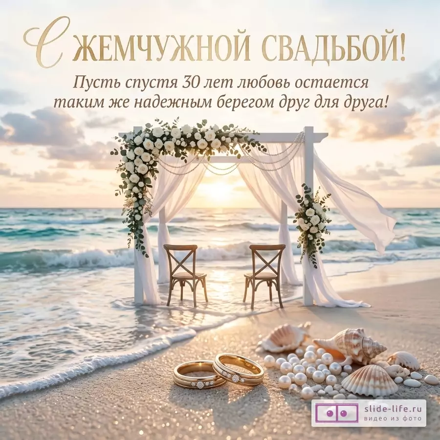 Бежево-голубой пляж на закате, белая арка с цветами, стулья, кольца, ракушки и жемчуг. Текст: «С ЖЕМЧУЖНОЙ СВАДЬБОЙ! Пусть спустя 30 лет любовь остается таким же надежным берегом друг для друга!»