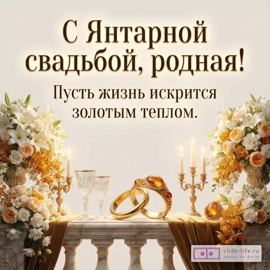 Светлый фон, сверху текст коричневого цвета. Внизу мраморный стол с золотой скатертью, на нем два бокала, два золотых кольца с янтарем, подсвечник с тремя горящими свечами. По бокам стола вазы с белыми и оранжевыми цветами. Текст: «С Янтарной свадьбой, родная! Пусть жизнь искрится золотым теплом.»