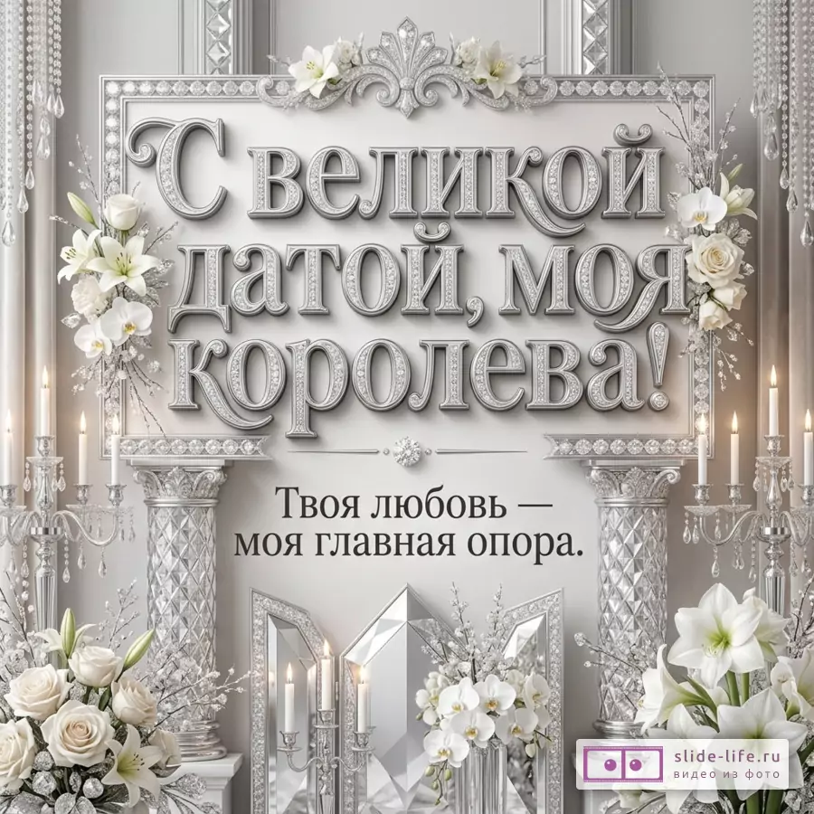 Серебристо-белая открытка с цветами, свечами, колоннами и декоративной рамой, текст «С великой датой, моя королева! Твоя любовь — моя главная опора.»