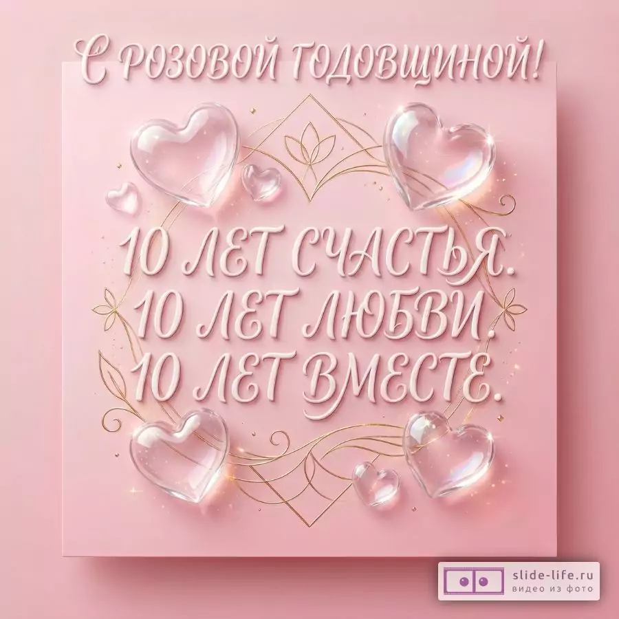 Розовый фон, открытка с прозрачными сердцами и золотистым орнаментом, текст «С розовой годовщиной! 10 ЛЕТ СЧАСТЬЯ. 10 ЛЕТ ЛЮБВИ. 10 ЛЕТ ВМЕСТЕ.»