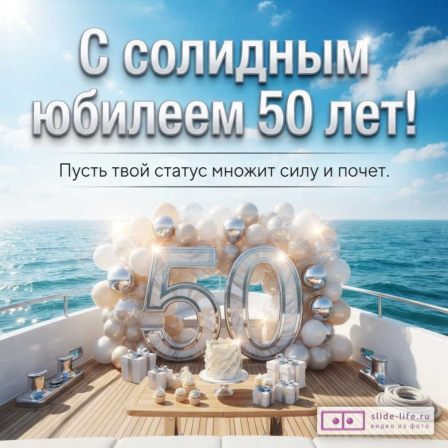 Открытка с юбилеем 50 лет мужчине на яхте, фон голубое небо и море, текст «С солидным юбилеем 50 лет! Пусть твой статус множит силу и почет.»