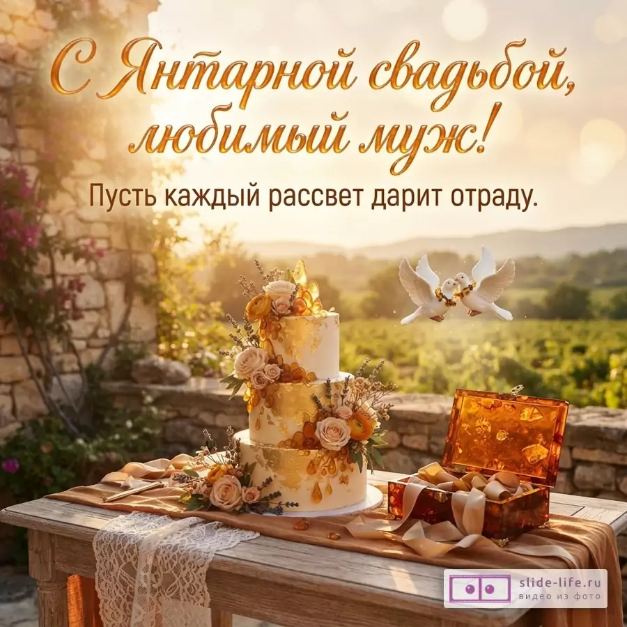 Открытка с янтарной свадьбой, фон закат, каменная стена, торт с золотыми элементами, две белые голубки, янтарная шкатулка. Текст: «С Янтарной свадьбой, любимый муж! Пусть каждый рассвет дарит отраду.»