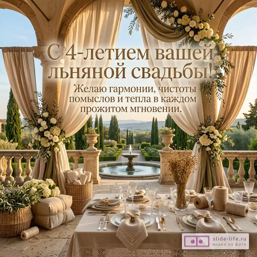 Бежево-золотая открытка с драпировками, столом, цветами, бассейном и дворцом; текст: «С 4-летием вашей льняной свадьбы! Желаю гармонии, чистоты помыслов и тепла в каждом мгновении.»