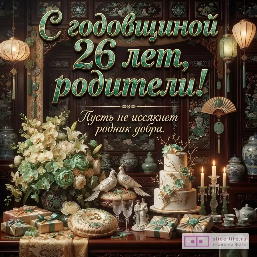 Темный декоративный фон, крупный текст «С годовщиной 26 лет, родители! Пусть не иссякнет родник добра», цветы, подарки, свечи, двухъярусный торт, птицы и восточный декор.