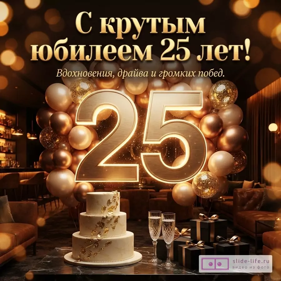 Объемная светящаяся цифра 25, золотые воздушные шары, торт и бокалы в темном интерьере с надписью «С крутым юбилеем 25 лет! Вдохновения, драйва и громких побед».