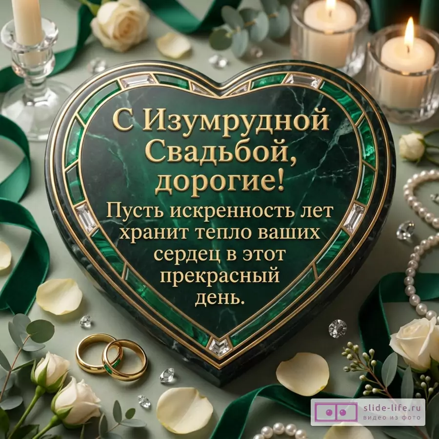 Открытка с золотым текстом «С Изумрудной свадьбой, дорогие! Пусть искренность лет бережет теплоту ваших сердец в этот прекрасный день», зеленое сердце, изумрудные камни, кольца, свечи, белые розы, зеленые ленты, жемчуг, светлый фон