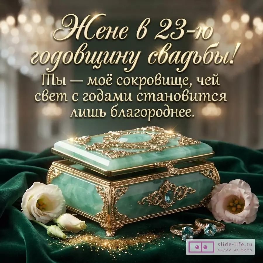 Шкатулка из берилла с золотым декором, кольца с голубыми камнями, цветы эустомы на зеленом бархате и надпись: «Жене в 23-ю годовщину свадьбы! Ты — моё сокровище, чей свет с годами становится лишь благороднее.»