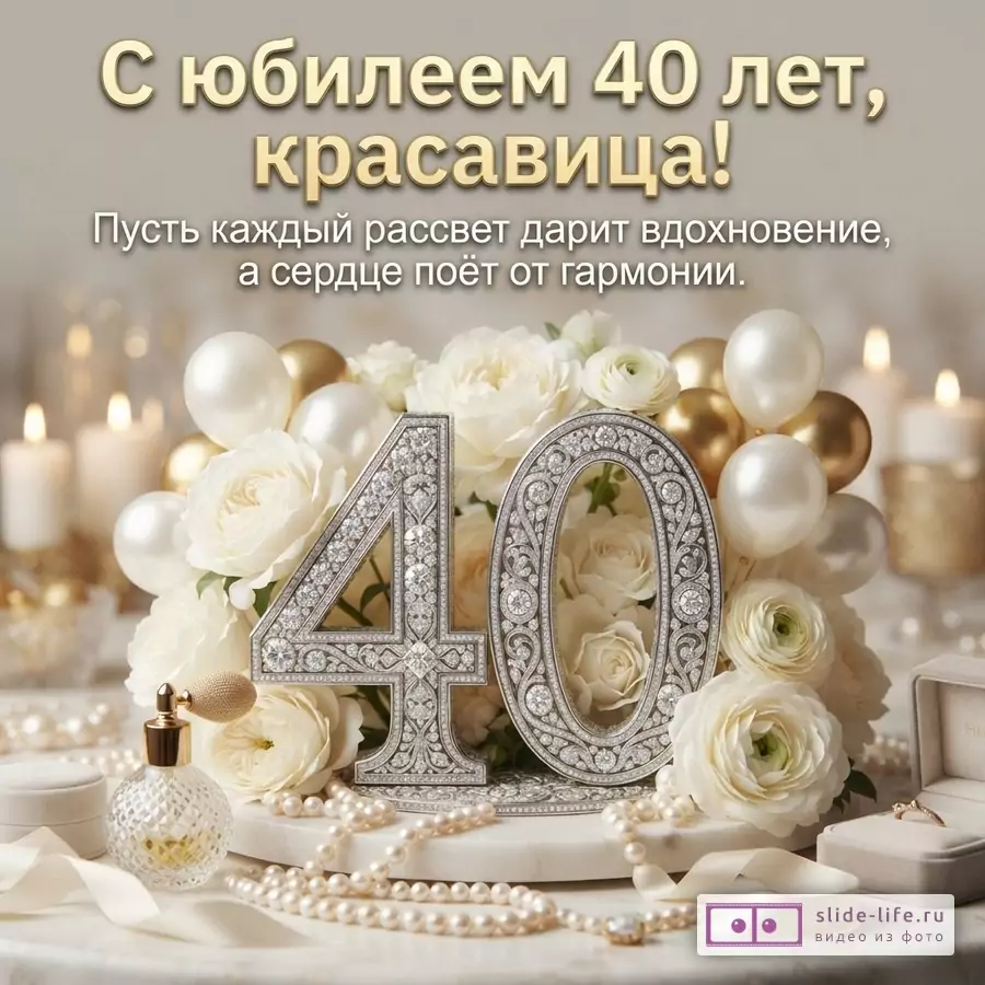 Открытка с юбилеем 40 лет женщине, фон бежевый, текст золотой, цифры «40» из страз, белые розы, жемчуг, золотые и белые шары, флакон духов, свечи. Текст: «С юбилеем 40 лет, красавица! Пусть каждый рассвет дарит вдохновение, а сердце поёт от гармонии.»