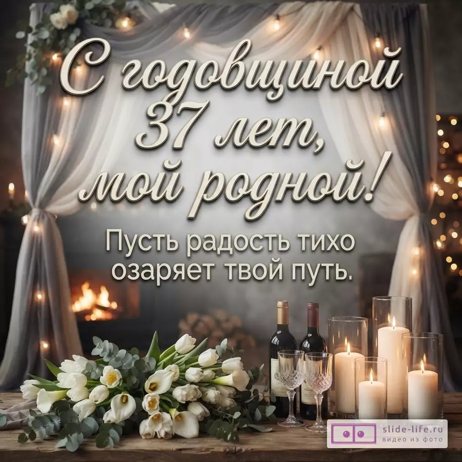 Серый фон, гирлянды, камин, букет белых тюльпанов, бутылки вина, свечи. Текст: «С годовщиной 37 лет, мой родной! Пусть радость тихо озаряет твой путь.»