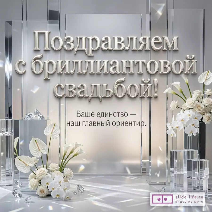 Серебристо-белый фон с зеркальными панелями, стеклянными кубами, кристаллами и белыми цветами, текст «Поздравляем с бриллиантовой свадьбой! Ваше единство — наш главный ориентир.»