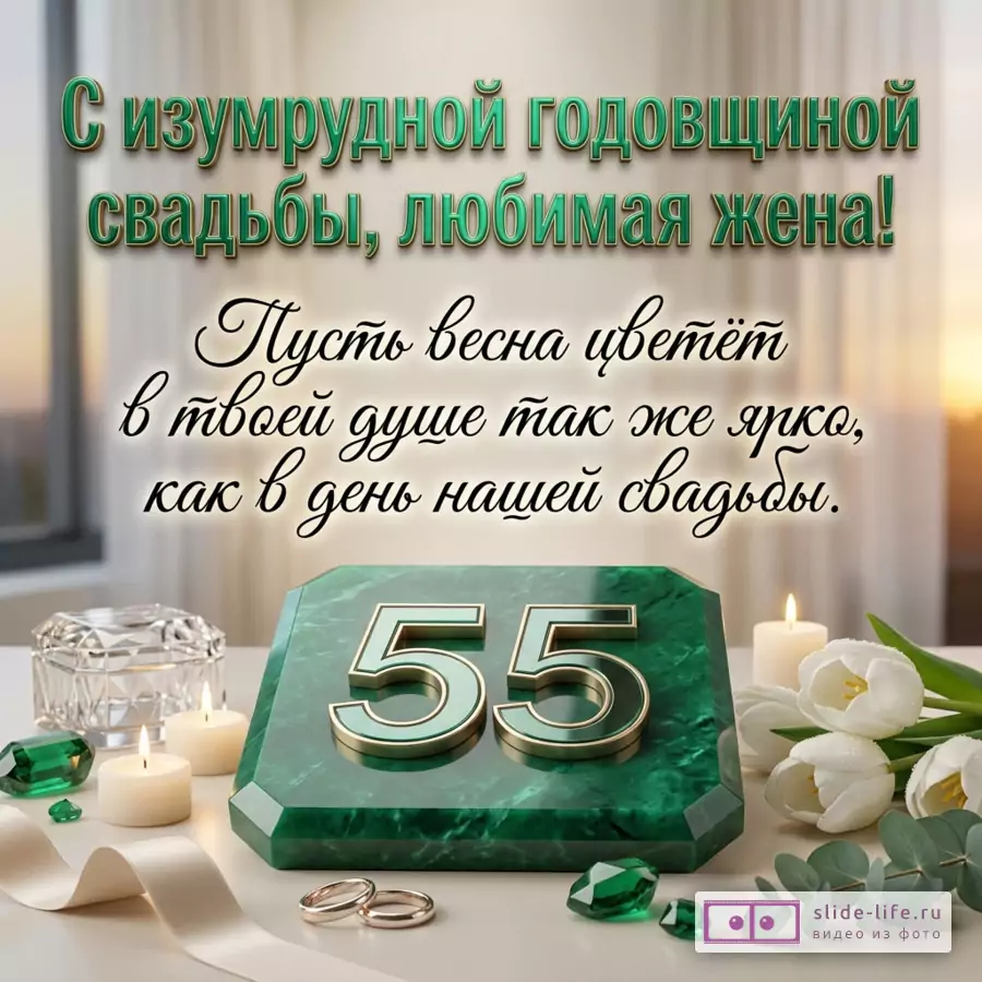 Открытка с текстом «С изумрудной годовщиной свадьбы, любимая жена! Пусть весна цветёт в твоей душе так же ярко, как в день нашей свадьбы.» белый и бежевый фон, зелёная плита с числом 55, свечи, кольца, белые тюльпаны, изумрудные камни