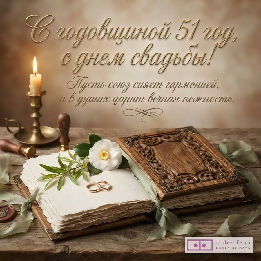 Коричневый фон, свеча в подсвечнике, открытая книга с белыми страницами, белая камелия, два золотых кольца, закрытая книга с резной обложкой. Текст: «С годовщиной 51 год, с днем свадьбы! Пусть союз сияет гармонией, а в душах царит вечная нежность.»