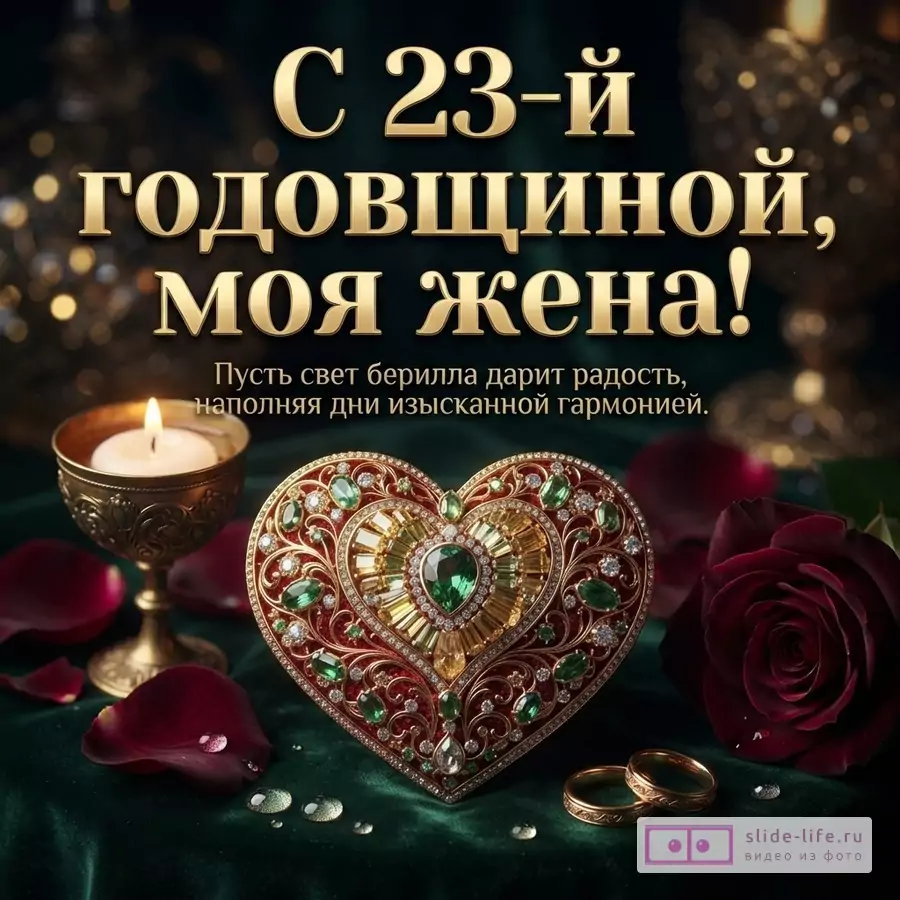 Тёмный фон с золотым сердцем, красными розами, свечой и кольцами. Текст: «С 23-й годовщиной, моя жена! Пусть свет берилла дарит радость, наполняя дни изысканной гармонией.»