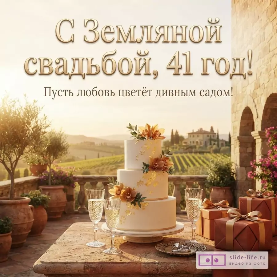 Бежевый фон, на переднем плане свадебный торт, два бокала шампанского, подарки. Текст: «С Земляной свадьбой, 41 год! Пусть любовь цветёт дивным садом!»