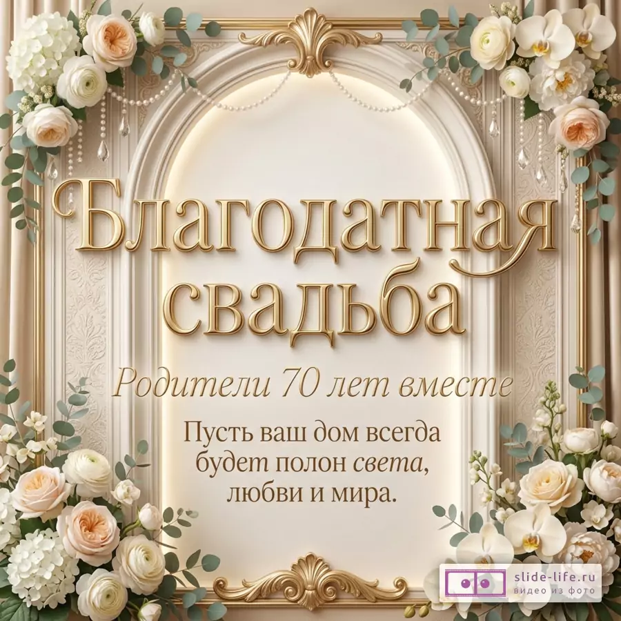 Бежевая открытка с аркой, золотым декором, жемчужными гирляндами, белыми и кремовыми цветами, эвкалиптом, текстом «Благодатная свадьба Родители 70 лет вместе Пусть ваш дом всегда будет полон света, любви и мира.»