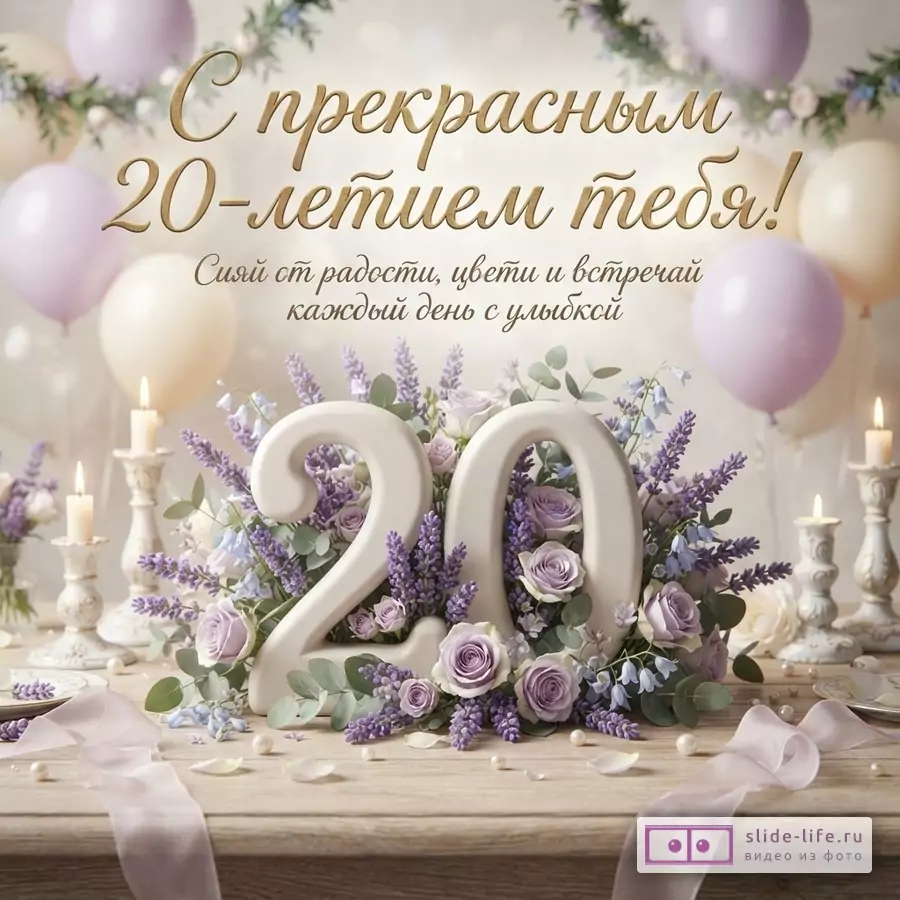 Объемная цифра 20 в окружении сиреневых роз и лаванды, воздушные шары, свечи и текст «С прекрасным 20-летием тебя! Сияй от радости, цвети и встречай каждый день с улыбкой».