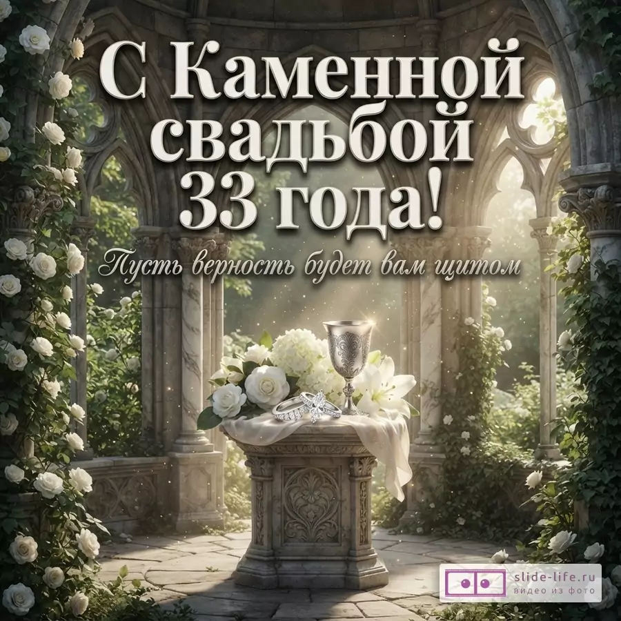 Фон с арками и розами, в центре каменный постамент с цветами, кольцами и кубком. Текст: «С Каменной свадьбой 33 года! Пусть верность будет вам щитом»