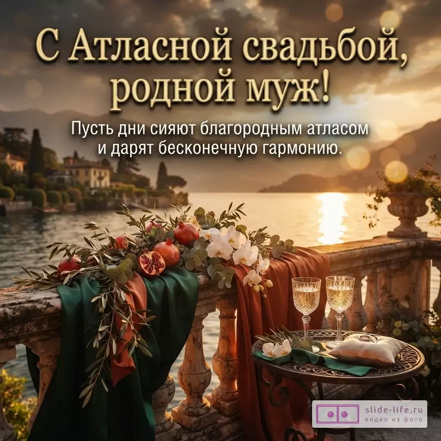 Каменная терраса у озера на закате, драпировки из атласа, гранаты, цветы, бокалы с напитком и текст «С Атласной свадьбой, родной муж! Пусть дни сияют благородным атласом и дарят бесконечную гармонию.»