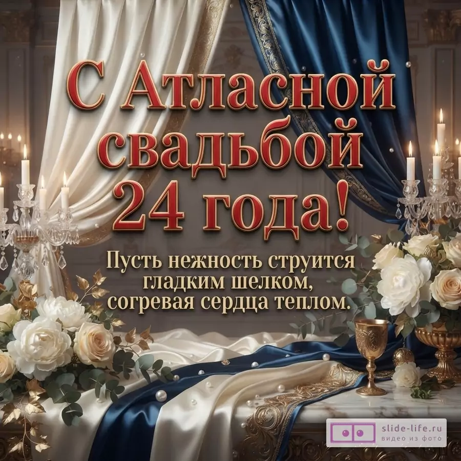 Драпировка из белого и синего атласа, белые розы, свечи в канделябрах и кубок с надписью «С Атласной свадьбой 24 года! Пусть нежность струится гладким шелком, согревая сердца теплом.»