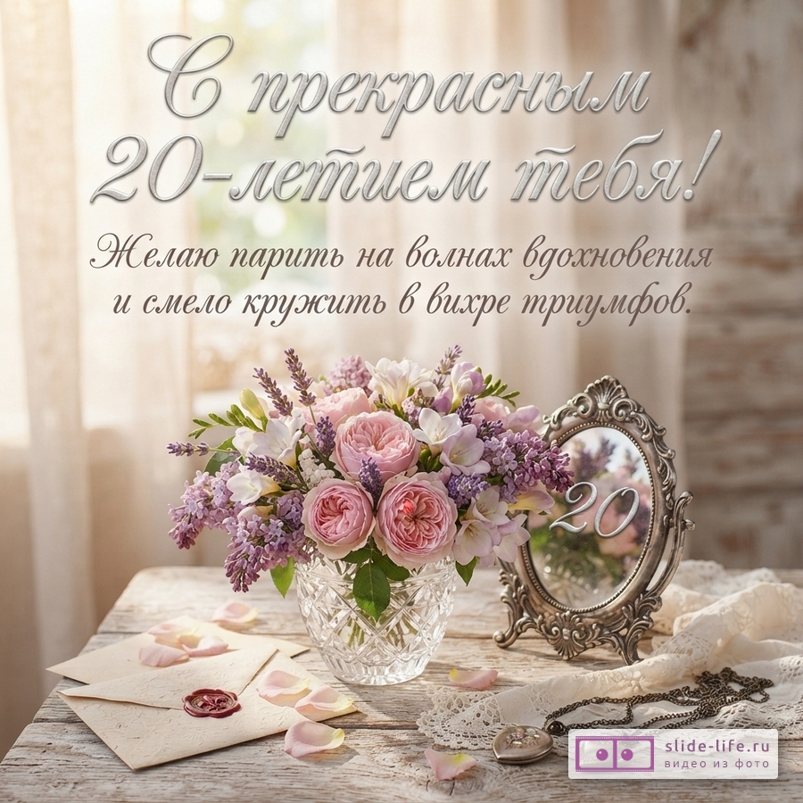 Поздравительная открытка с цветочным букетом, вазой и зеркалом на фоне интерьера. Текст: «С прекрасным 20-летием тебя! Желаю парить на волнах вдохновения и смело кружить в вихре триумфов.»