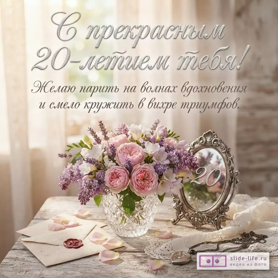 Поздравительная открытка с цветочным букетом, вазой и зеркалом на фоне интерьера. Текст: «С прекрасным 20-летием тебя! Желаю парить на волнах вдохновения и смело кружить в вихре триумфов.»