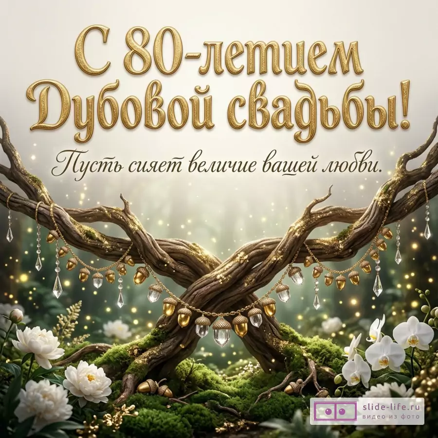 Светлый бежево-золотистый фон, переплетённые дубовые ветви с золотыми украшениями, белые цветы и зелёный мох. Текст: «С 80-летием Дубовой свадьбы! Пусть сияет величие вашей любви.»
