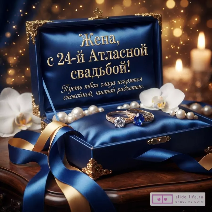 Синяя бархатная шкатулка с атласной подушечкой, кольцами, жемчугом и надписью «Жена, с 24-й Атласной свадьбой! Пусть твои глаза искрятся спокойной, чистой радостью.»