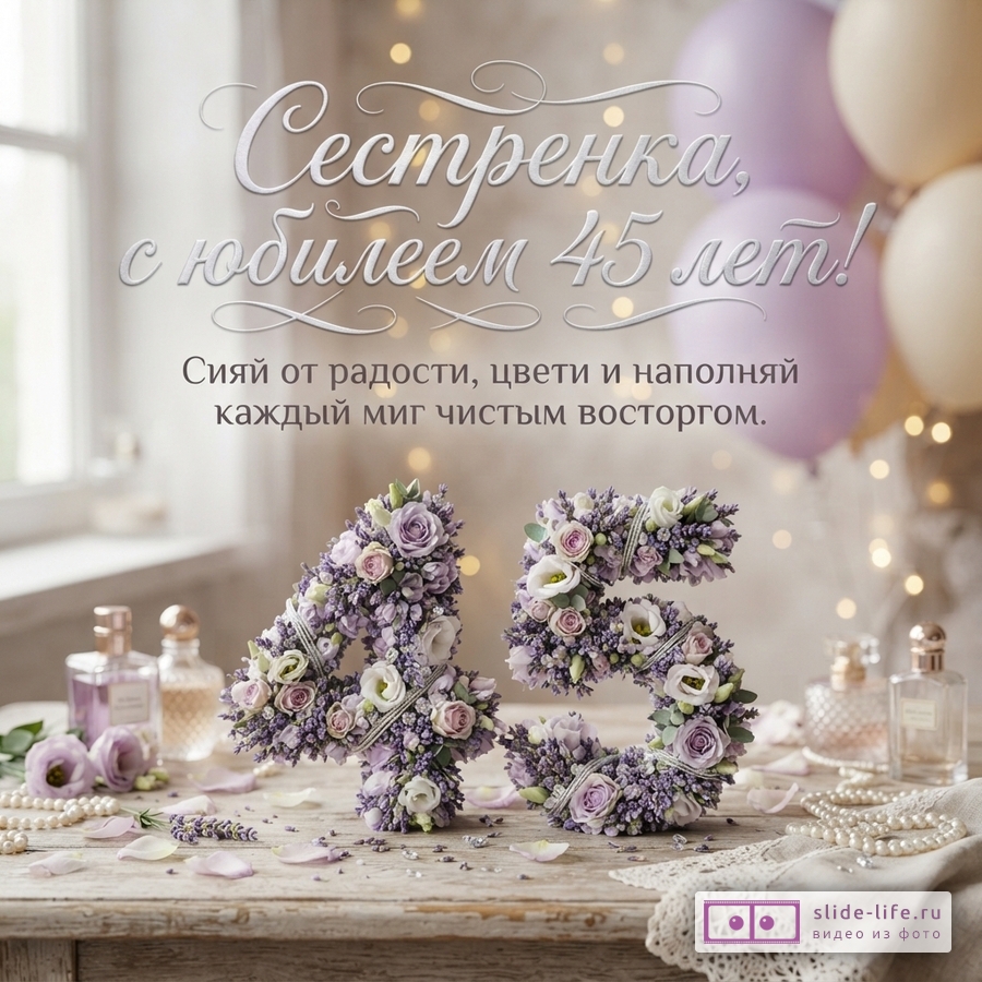 Открытка с надписью «Сестренка, с юбилеем 45 лет! Сияй от радости, цвети и наполняй каждый миг чистым восторгом.» на фоне размытого интерьера с воздушными шарами. На переднем плане объемные цифры «45» из сиреневых и белых цветов, флаконы духов, жемчужные бусы.