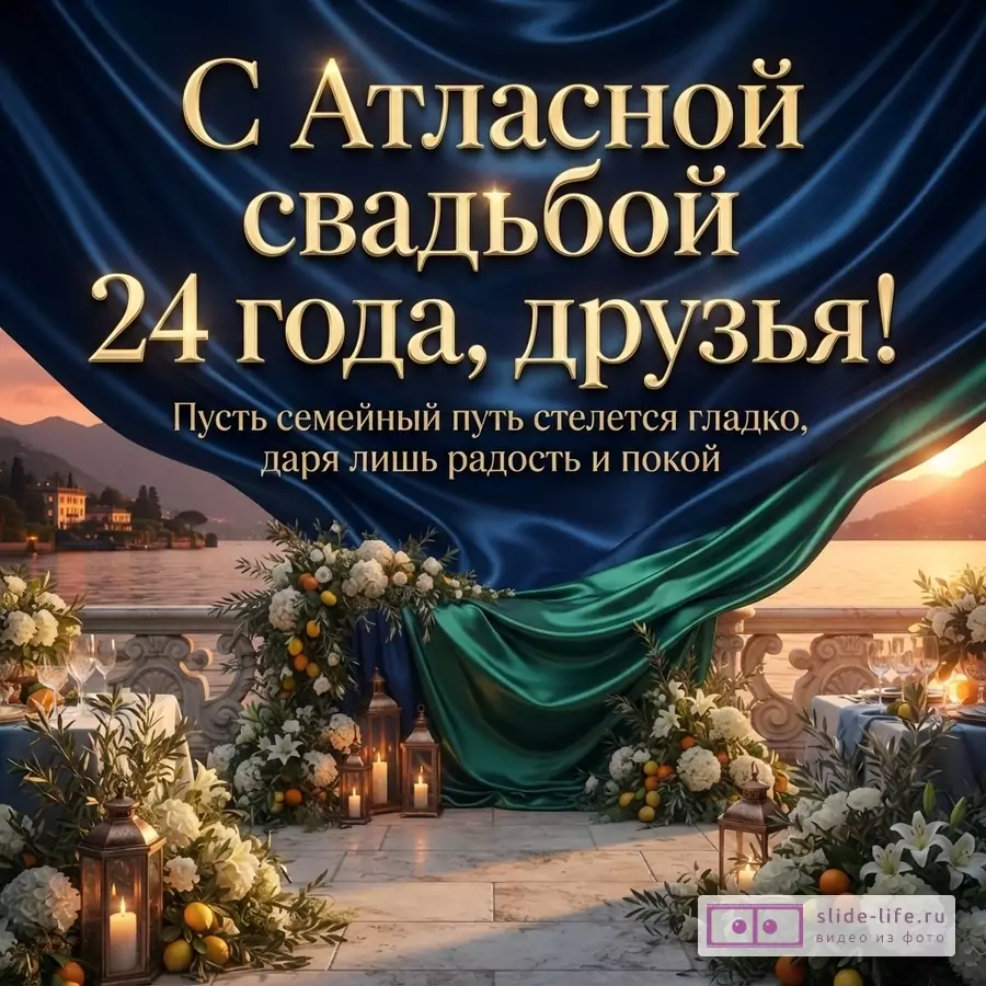 Синяя и зеленая атласная ткань над террасой у озера с цветами и фонарями. Текст: «С Атласной свадьбой 24 года, друзья! Пусть семейный путь стелется гладко, даря лишь радость и покой».