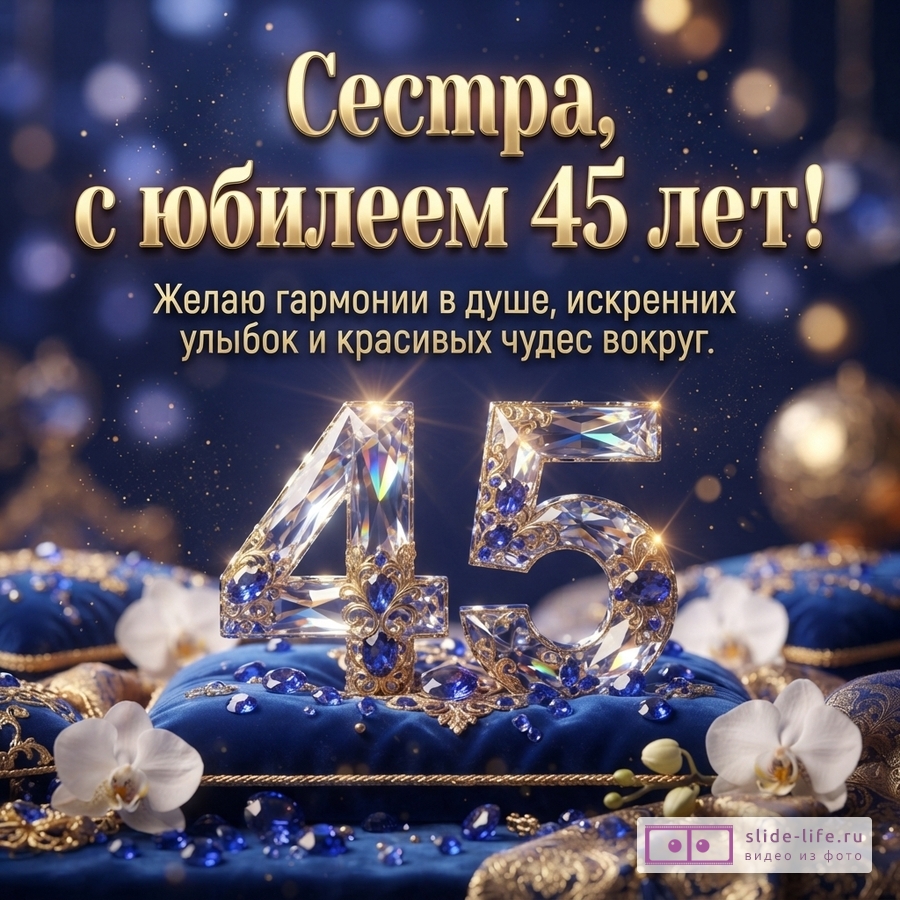 Темно-синий фон с золотыми искрами. В центре золотые буквы с текстом «Сестра, с юбилеем 45 лет! Желаю гармонии в душе, искренних улыбок и красивых чудес вокруг.». Внизу крупные цифры «45» из бриллиантов и синих камней на синих подушках с золотым узором. Белые орхидеи по краям.