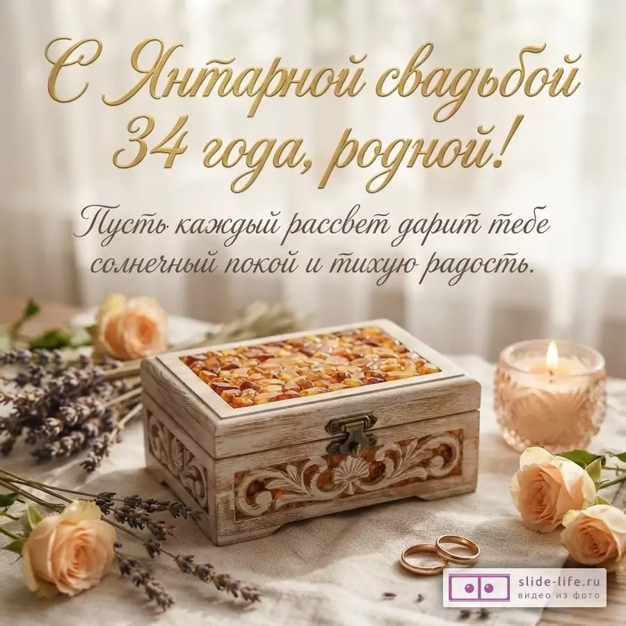 Бежевый фон, янтарная шкатулка, две розы, лаванда, свеча, два обручальных кольца. Надпись золотым курсивом: «С Янтарной свадьбой 34 года, родной! Пусть каждый рассвет дарит тебе солнечный покой и тихую радость.»