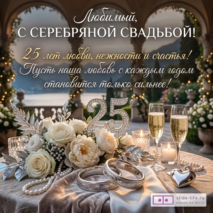 Бежево-золотая свадебная композиция с цветами, кольцами, свечами и бокалами, цифра «25». Текст: «Любимый, С СЕРЕБРЯНОЙ СВАДЬБОЙ! 25 лет любви, нежности и счастья!»