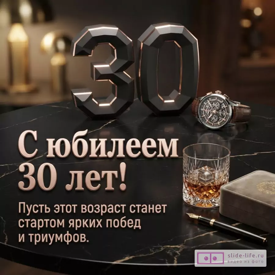 Объемная черная цифра 30 с золотыми гранями, наручные часы, стакан виски на черном мраморном столе и текст «С юбилеем 30 лет! Пусть этот возраст станет стартом ярких побед и триумфов.»