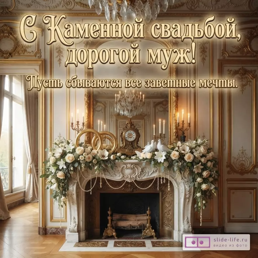 Интерьер комнаты в золотых и бежевых тонах, камин, украшенный цветами, свечами, часами и двумя золотыми кольцами. Текст: «С Каменной свадьбой, дорогой муж! Пусть сбываются все заветные мечты.»