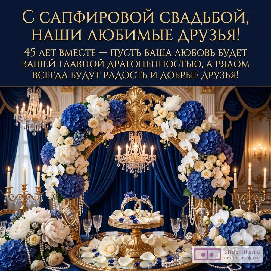 Темно-синий фон, золотая арка с синими и белыми цветами, люстры, свечи, кольца и бокалы. Текст: «С САПФИРОВОЙ СВАДЬБОЙ, НАШИ ЛЮБИМЫЕ ДРУЗЬЯ! 45 ЛЕТ ВМЕСТЕ — ПУСТЬ ВАША ЛЮБОВЬ БУДЕТ ВАШЕЙ ГЛАВНОЙ ДРАГОЦЕННОСТЬЮ»