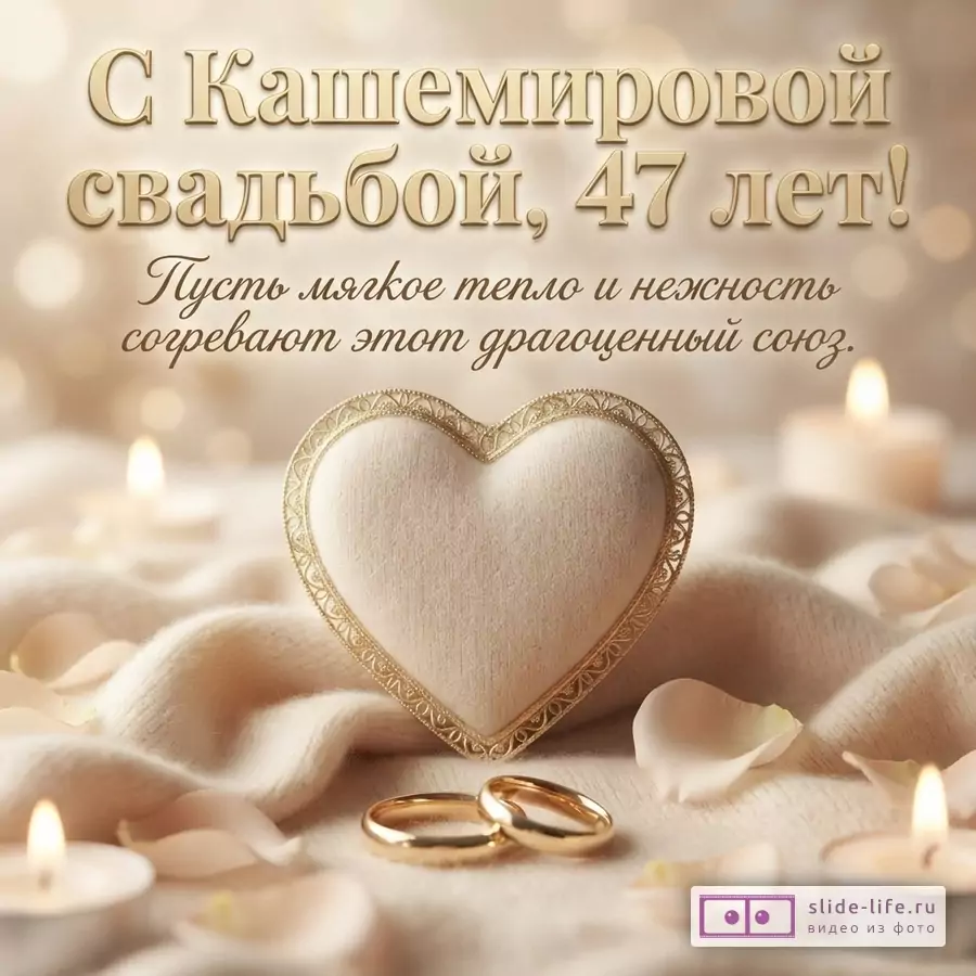 Бежевый фон, свечи, лепестки роз, золотое сердце, два золотых кольца. Текст: «С Кашемировой свадьбой, 47 лет! Пусть мягкое тепло и нежность согревают этот драгоценный союз.»